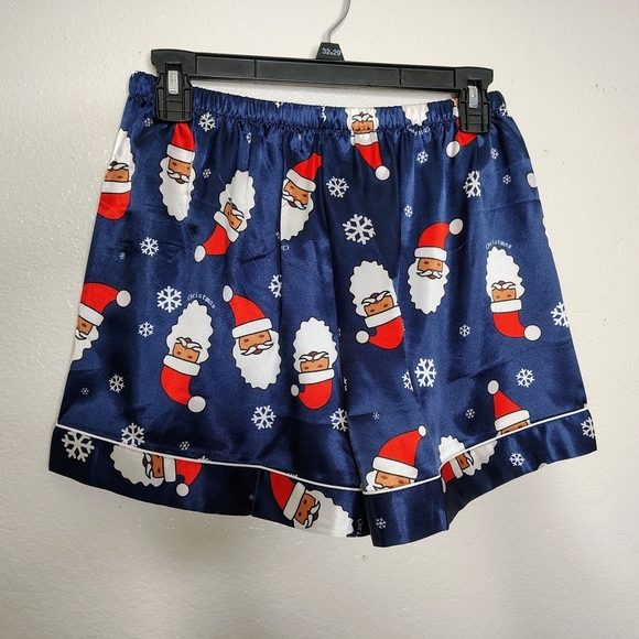 NWOT Ekouaer Navy Blue Santa Claus Print Satin Pajama Set Blouse & Shorts Sz S - Picture 11 of 15
